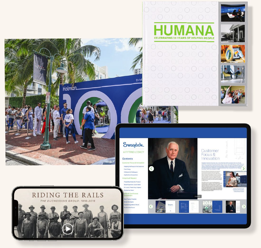 Fenwick work samples: the Humana 50th anniversary book, a Holman street celebration, the Swagelok digital book on a tablet, and the Duchossois Group film on a phone